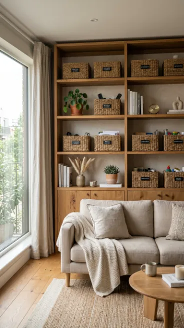 Add baskets to open shelving
