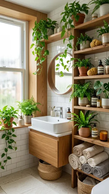 Add plants to bathroom shelving