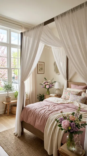 Add sheer fabric to a canopy bed frame
