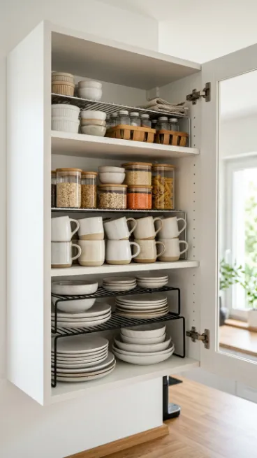 Add shelf risers inside cabinets