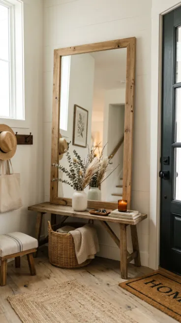 Add simple wood framed mirrors