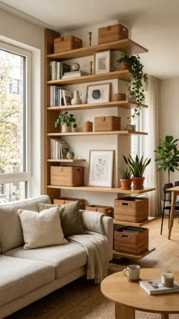 Add storage baskets to open shelving