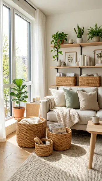 Add woven baskets for storage