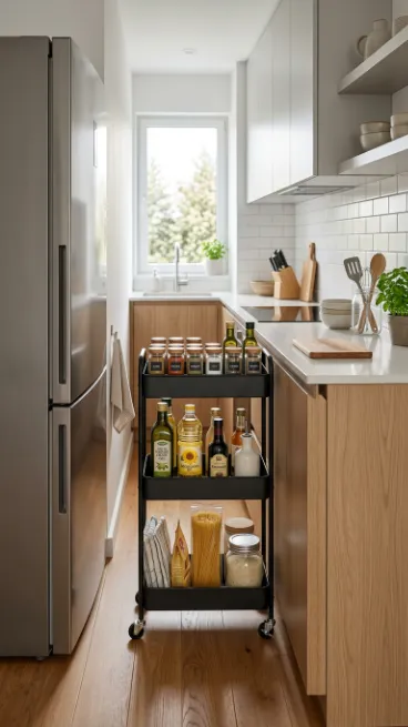 Add a rolling cart for extra storage