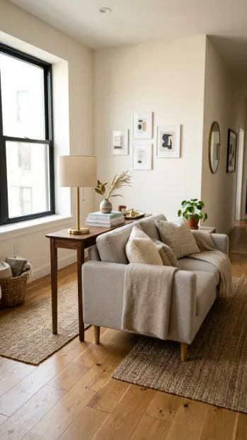 Add a slim console table behind the sofa