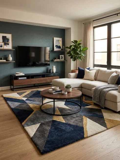 Add a statement rug below the seating area