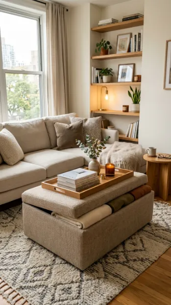 Add a storage ottoman as a coffee table