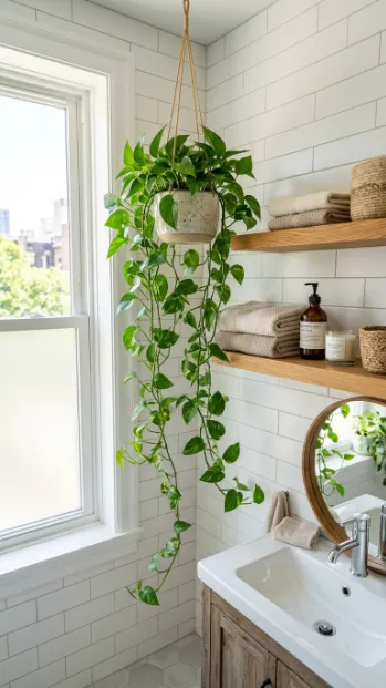 Add a trailing plant to a bathroom corner