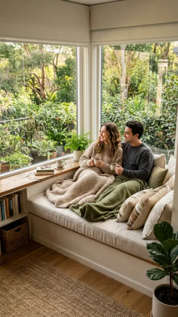 Add a two person reading bench near a window