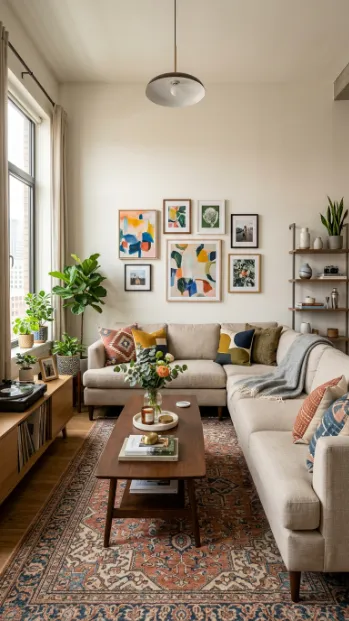 Choose neutral big furniture with bold small accents