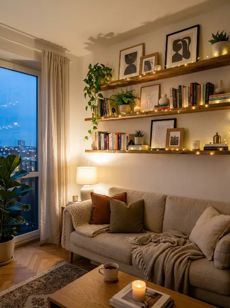 Hang string lights around art or shelves