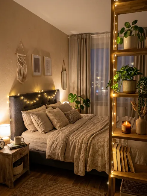 Hang string lights for a cozy touch