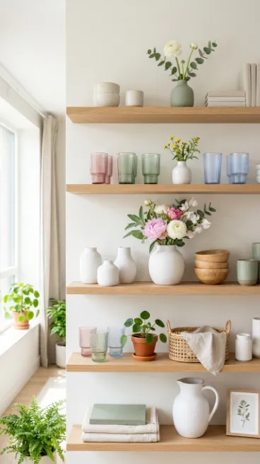 Style open shelves with seasonal colors 1
