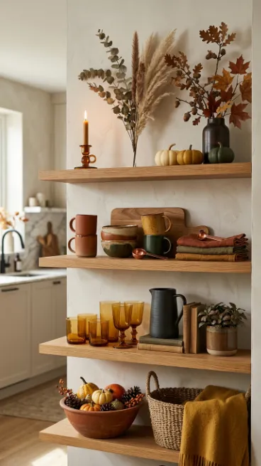 13. Style Open Shelves With Seasonal Colors