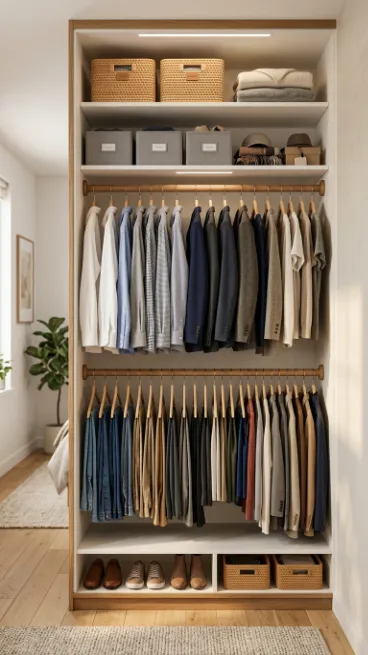 Use closet organizers to double hanging space