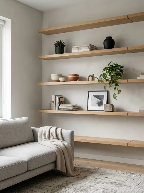 Use open shelving instead of bulky cabinets