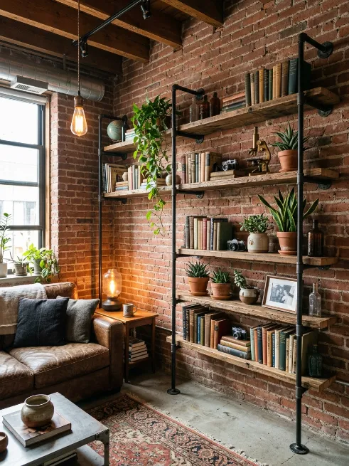 Use pipe shelving for a raw look