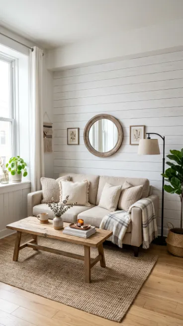 Use shiplap or wood panel wallpaper