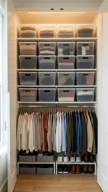 Use stackable bins in closets