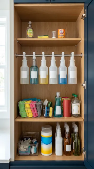 Use tension rods inside cabinets