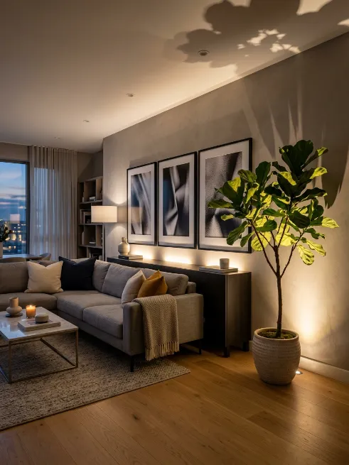 Use uplighting to highlight plants or art