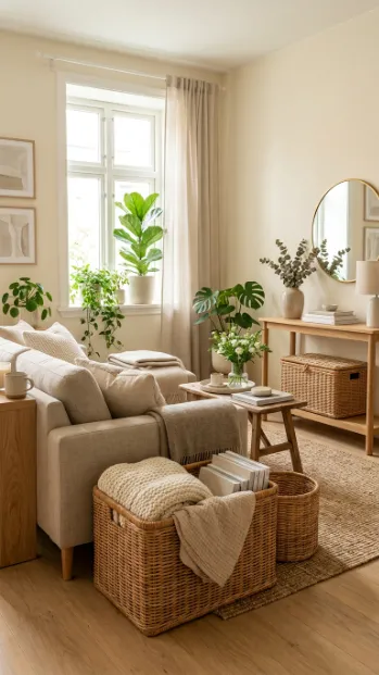 Use woven baskets for stylish storage