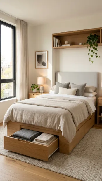 Use a bed frame with built in storage