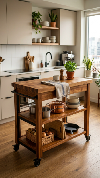 Use a rolling kitchen cart as an island