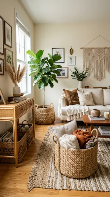 Add woven baskets for storage and texture