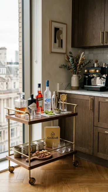 Add a small bar cart near the kitchen