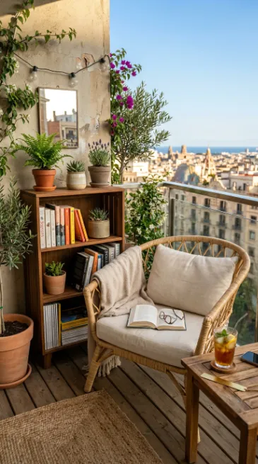 Add a small bookshelf for outdoor reading