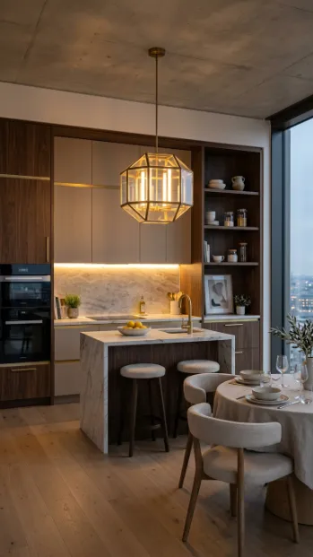 Add a statement light fixture above the island or table