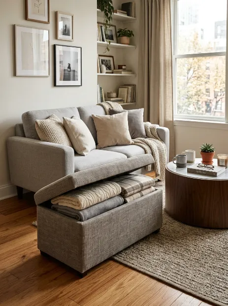 Add a storage ottoman in the living room