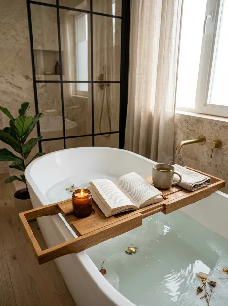 Add a wooden bath tray