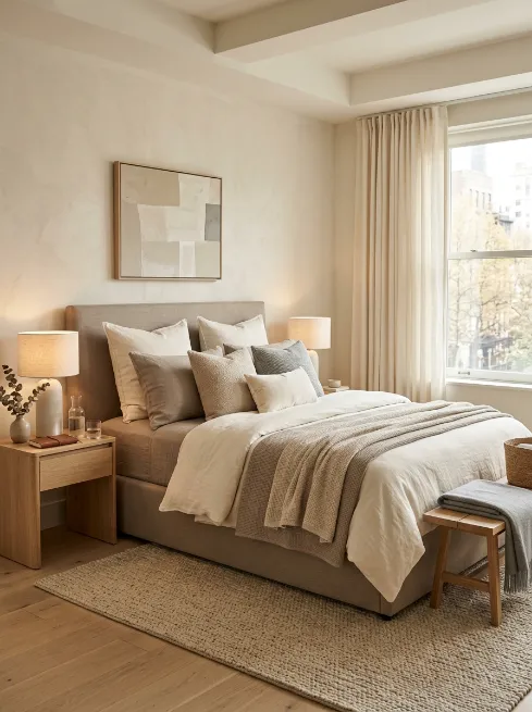 Choose bedding in layered neutral tones