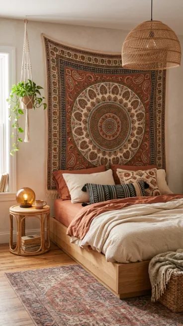 Choose a patterned tapestry as a headboard