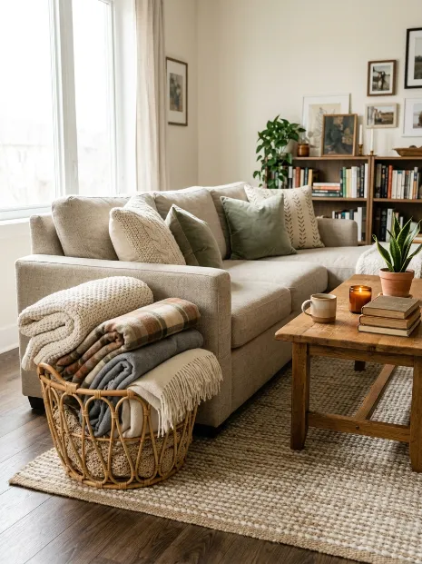 Keep a cozy blanket basket by the sofa