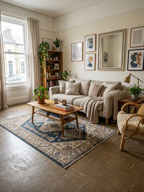Layer rugs to cover old flooring