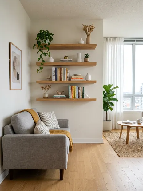 Try floating shelves instead of bulky cabinets