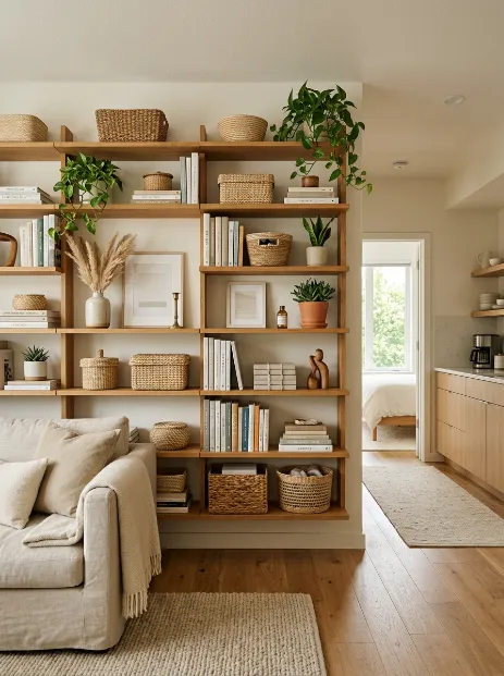 Use baskets to organize open shelving