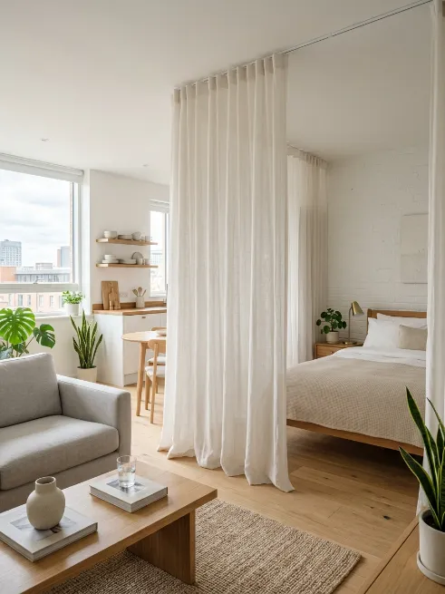 Use curtains instead of solid furniture to divide space