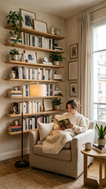 Use floating shelves for a library feel