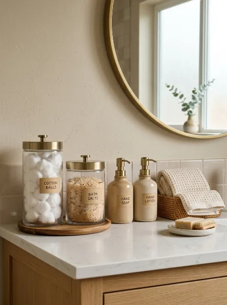 Use glass jars for cotton balls and bath salts