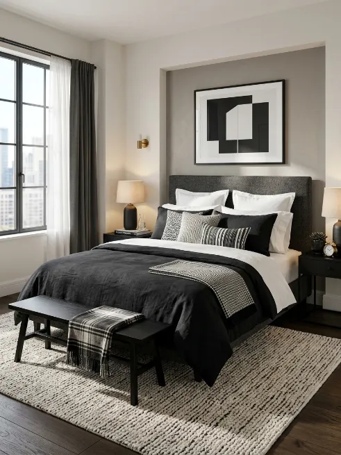 Use layered black and white bedding
