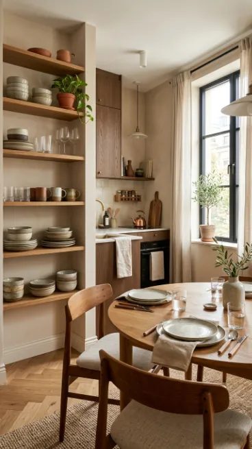 Use open shelving nearby for dishware