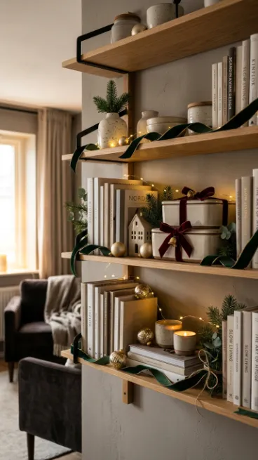 18. Use Ribbon to Decorate Shelving