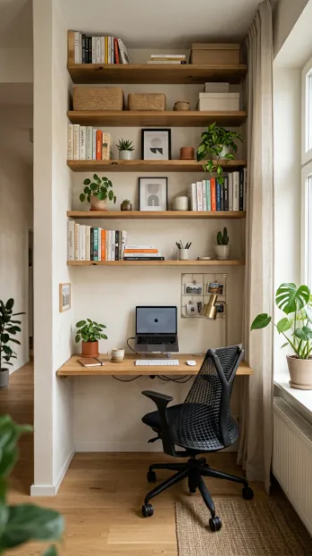 Use vertical storage above the desk
