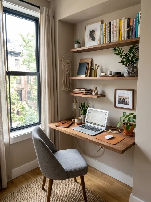 Use wall mounted shelving in the office nook