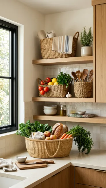 Use woven baskets for extra storage