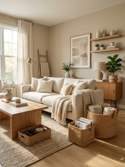Use woven baskets for texture and storage
